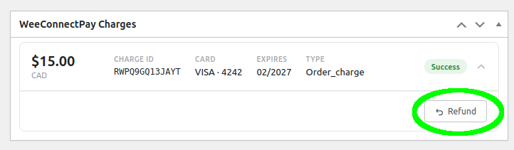 WeeConnectPay Charges metabox showing a single charge card with the Refund button highlighted