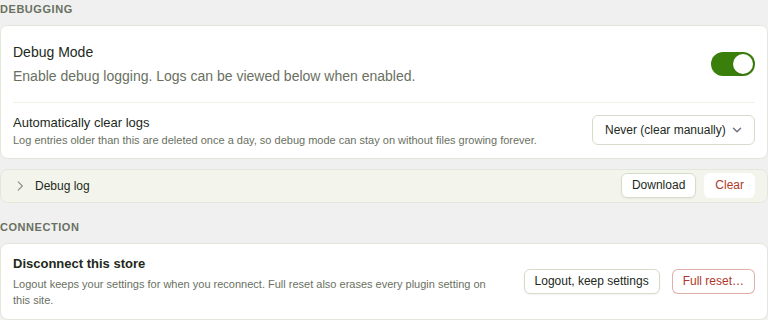 The Advanced tab of the WeeConnectPay settings panel, with the Debug Mode toggle turned on and the Debug log panel showing below it