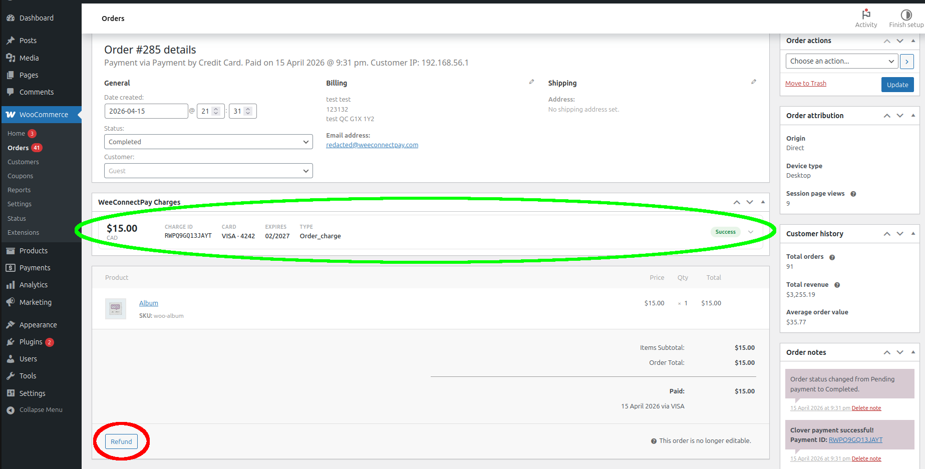 WooCommerce order edit page showing the WeeConnectPay Charges metabox circled in green at the top and the WooCommerce Refund button circled in red at the bottom
